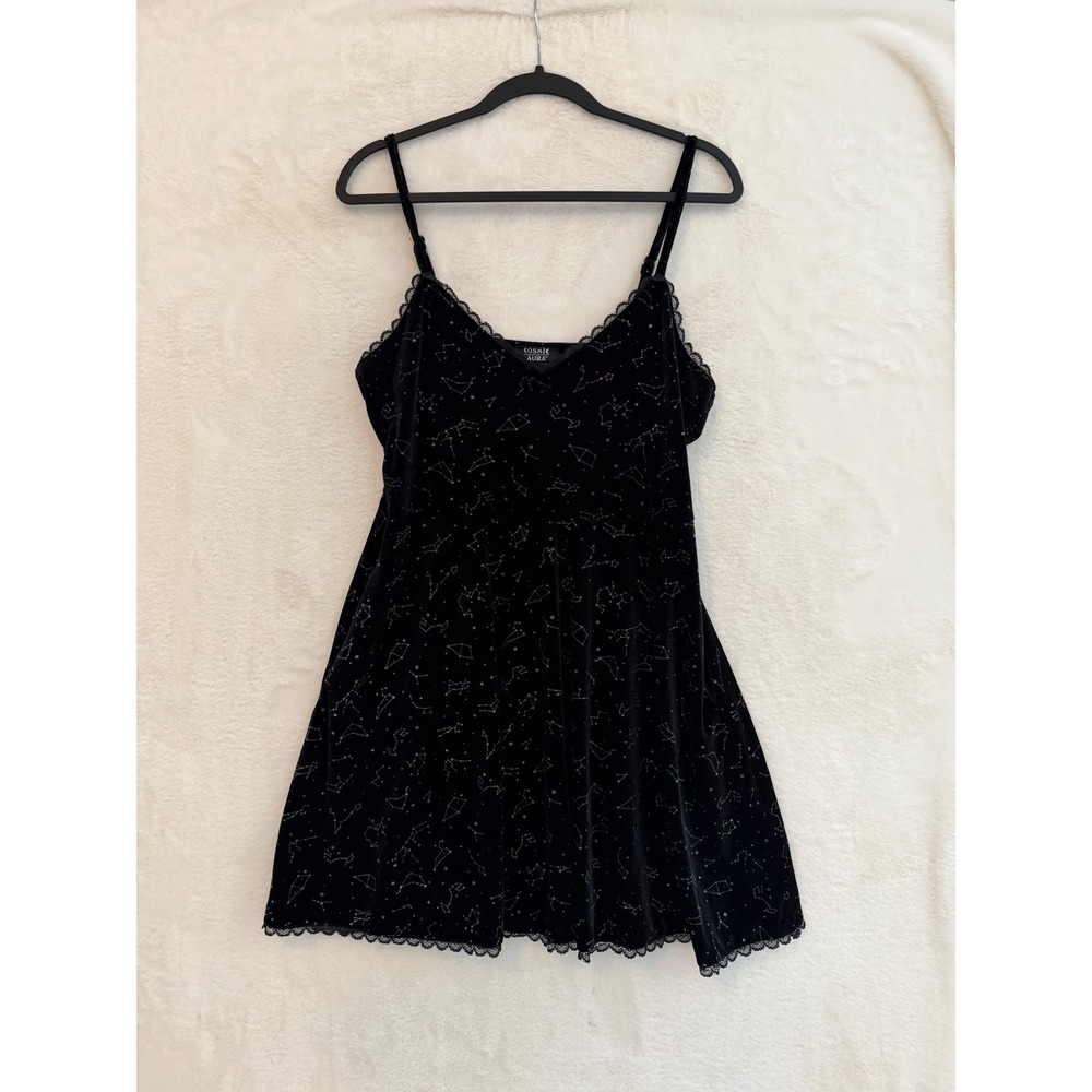 Cosmic Aura Black Velvet Constellation Mini Dress Large Celestial Lace Pockets